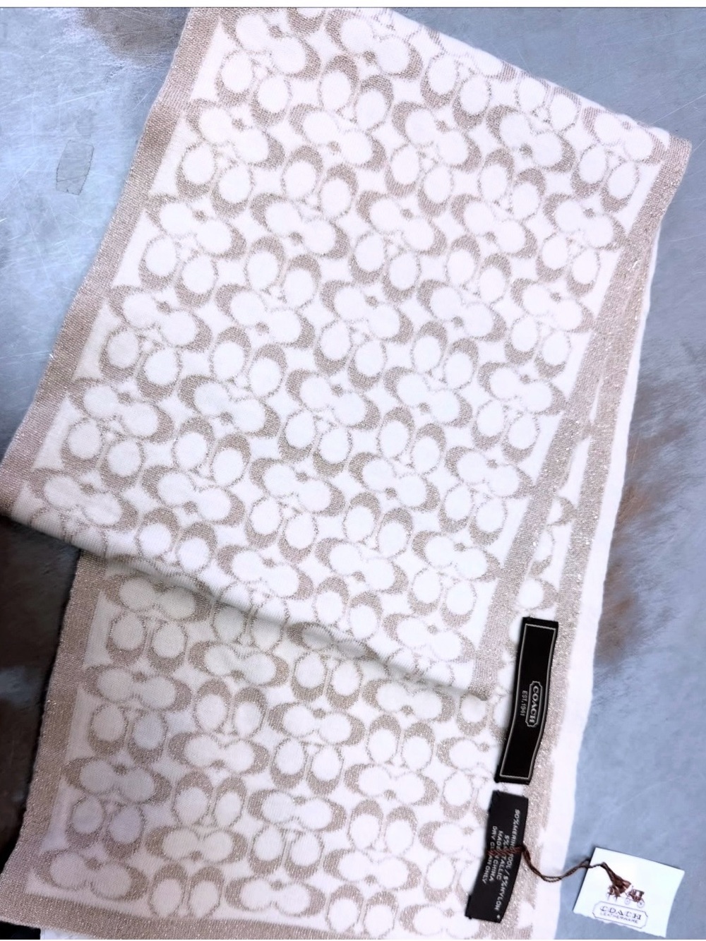 Coach signature muffler scarf merino wool metallic NWT